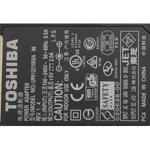 ADAPTADOR AC/DC TOSHIBA / NUMERO DE PARTE UP01221050A / 020628-00 / INPUT: AC 100-240V 50/60HZ 24-38VA / OUTPUT: DC 5V 2.0A 	